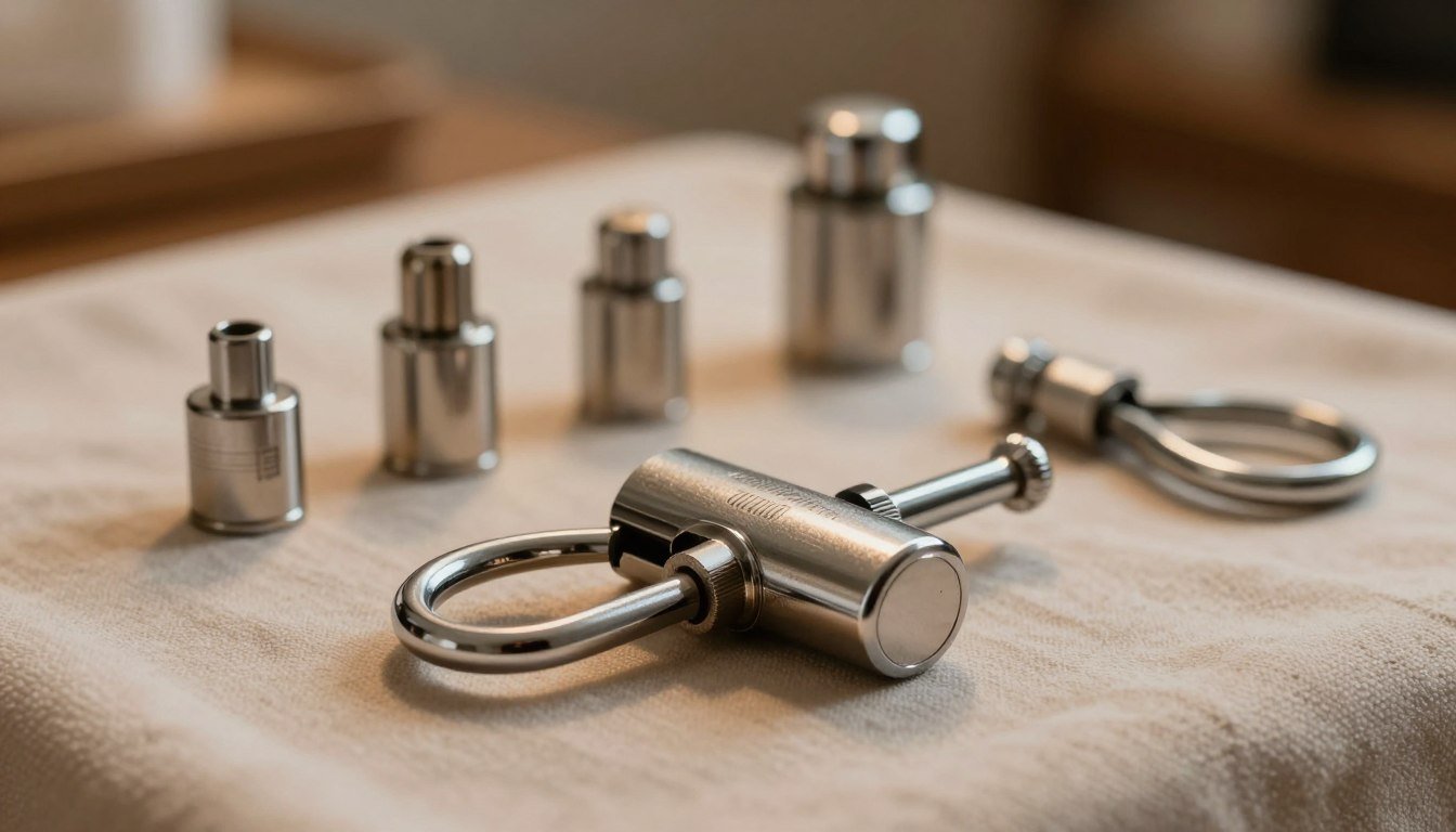 In a well-lit, cozy setting, display a close-up image of a stainless steel chastity lock and its components laid out on a soft, neutral fabric. The foreground features the polished lock glistening under warm lighting, with intricate details of its mechanism visible. In the middle ground, include various size options of the lock and additional accessories, all organized elegantly. The background is softly blurred to create a sophisticated ambience, evoking a sense of professionalism and safety. The overall mood is intimate and inviting, combining cinematic warmth with an educational touch, reflecting proper usage techniques while ensuring a serene, respectful atmosphere.