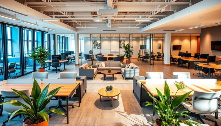 A modern, flexible office leasing space designed for collaboration and productivity. In the foreground, a spacious area features comfortable, stylish workstations with ergonomic chairs and wooden desks, surrounded by large potted plants. In the middle, a cozy lounge area showcases soft seating and a coffee table, inviting informal meetings. The background reveals glass-walled conference rooms equipped with advanced technology, allowing natural light to flood the space. Use warm, inviting lighting to create a professional yet relaxed atmosphere. Capture the scene from a slightly elevated angle to provide a comprehensive view of the layout. Ideal for showcasing the dynamic and adaptable nature of serviced office spaces, conveying a sense of flexibility and convenience.