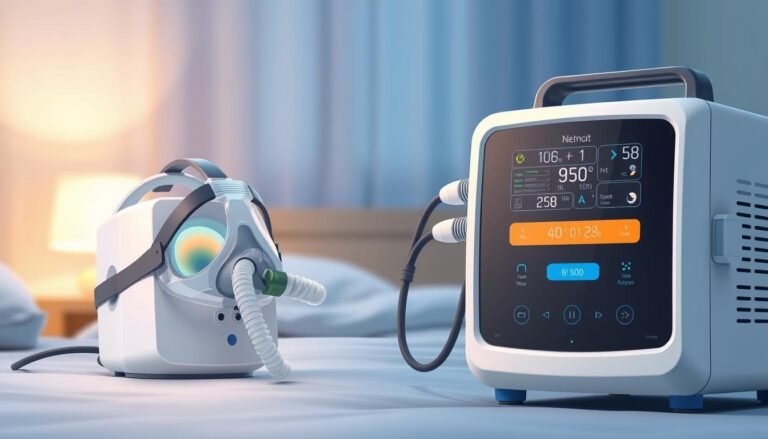A detailed, informative illustration depicting a sleep apnea machine and a respiratory ventilator in operation. In the foreground, show a well-designed sleep apnea machine with a focus on its mask and air hose, next to a clinical-grade ventilator, emphasizing their key features. The middle ground features a user-friendly digital display showing usage metrics like airflow and oxygen levels. In the background, portray a calm bedroom setting subtly lit by soft ambient light, indicating a peaceful nighttime atmosphere. The scene captures the importance of uninterrupted power supply systems for these medical devices during power outages, creating a sense of urgency yet assured safety. Use a slightly elevated angle for a clear view of the devices and their surroundings, ensuring a clean, professional composition without any text or labels.
