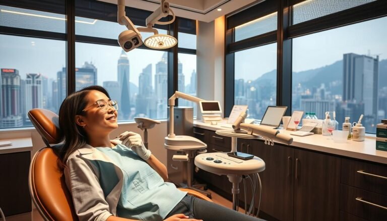 A modern dental clinic in Hong Kong, showcasing a professional dental hygienist performing a teeth cleaning procedure. The foreground features a patient in a comfortable dental chair with a serene expression, dressed in modest casual clothing. The hygienist, wearing a white coat and protective eyewear, is focused on their work, using advanced dental tools. In the middle ground, various dental equipment and supplies are neatly organized on a countertop, illuminated by soft, warm lighting that creates a welcoming atmosphere. The background reveals large windows with a view of the bustling Hong Kong skyline, bathed in natural light, enhancing the sense of professionalism and care in dental services. The overall mood is calm and reassuring, emphasizing the importance of oral health.