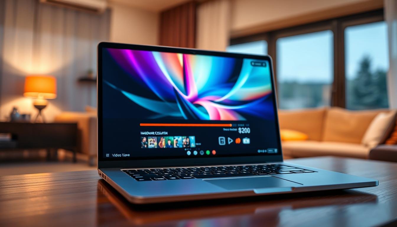 A modern laptop displaying a vibrant online entertainment platform with a clear focus on the hardware acceleration settings. In the foreground, the laptop's screen glows with vivid colors, showcasing smooth video playback and dynamic graphics, contrasting with a blurred background of a cozy, well-lit living room. The ambient lighting is soft and warm, creating an inviting atmosphere. Delicate reflections dance on the laptop's sleek surface, emphasizing its advanced technology. A set of intuitive icons representing hardware acceleration features appears beside the video player. The image captures a sense of innovation and ease of use, evoking excitement about enhanced online experiences. The composition emphasizes clarity and user engagement, suitable for a professional article section on technology enhancement.