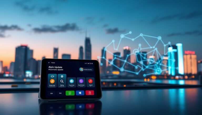 A visually engaging digital illustration depicting a modern and sleek interface of the 3A Entertainment app showcasing its automatic update mechanism. In the foreground, a user-friendly device, such as a tablet or smartphone, displays the app's dashboard with vibrant icons illustrating update notifications and system compatibility checks. In the middle ground, stylized graphics represent seamless integration with various operating systems, depicted as interconnected, glowing circuit lines or nodes. The background features a digital city skyline at dusk, with soft, ambient lighting highlighting the advanced technology theme. The mood is innovative and professional, emphasizing efficiency and reliability in entertainment technology. The composition should use a wide-angle lens effect to enhance depth and perspective, creating a dynamic visual experience without any text or watermarks.