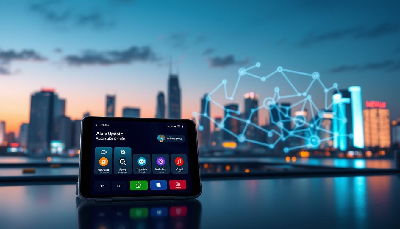 A visually engaging digital illustration depicting a modern and sleek interface of the 3A Entertainment app showcasing its automatic update mechanism. In the foreground, a user-friendly device, such as a tablet or smartphone, displays the app's dashboard with vibrant icons illustrating update notifications and system compatibility checks. In the middle ground, stylized graphics represent seamless integration with various operating systems, depicted as interconnected, glowing circuit lines or nodes. The background features a digital city skyline at dusk, with soft, ambient lighting highlighting the advanced technology theme. The mood is innovative and professional, emphasizing efficiency and reliability in entertainment technology. The composition should use a wide-angle lens effect to enhance depth and perspective, creating a dynamic visual experience without any text or watermarks.