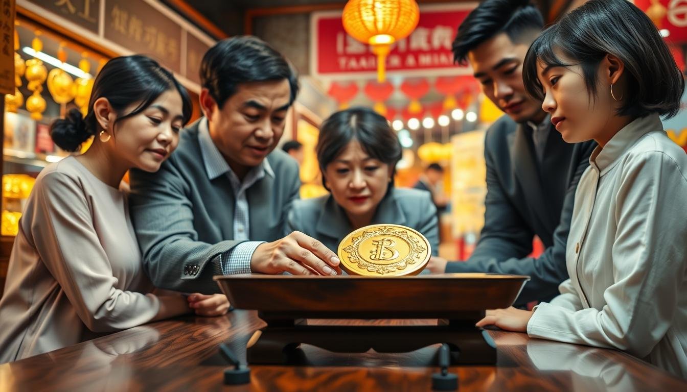 A Taiwanese family gathered around a traditional wooden table, examining a beautiful, intricately designed gold piece weighing one tael. The foreground shows family members of diverse ages in modest, professional attire; a middle-aged couple and their young adult child, all with focused expressions as they discuss the implications of gold prices on their financial decisions. In the background, a soft-focus view of a vibrant market scene, emphasizing gold shops with glowing displays of gold ornaments and lively passerby. The lighting is warm and inviting, creating a sense of importance and nostalgia, symbolizing the cultural value of gold in asset preservation. The camera angle is slightly low, giving prominence to the family’s engagement with the gold piece, while ensuring an intimate atmosphere.