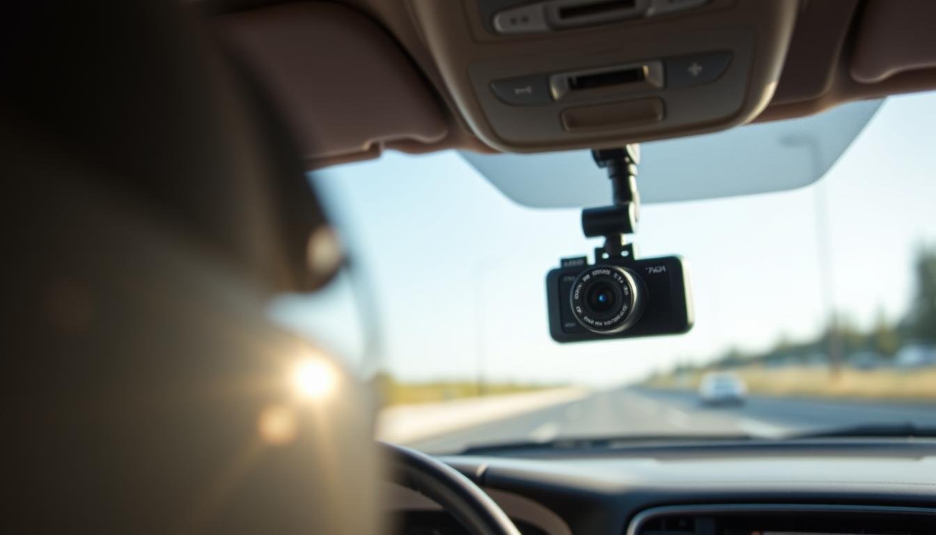 A close-up view of an advanced car dash cam, capturing its sleek design and intricate features. The foreground highlights the camera lens, showing the high-definition capabilities with a reflective surface that glimmers under soft ambient light. In the middle ground, display the dash cam mounted on a vehicle's windshield, emphasizing its compact form and integrated technology. The background features a blurred interior of a car, suggesting an everyday driving environment. The overall atmosphere should be professional and modern, with a focus on clarity and functionality. Natural lighting should illuminate the scene, creating a clean and polished look that conveys the importance of maintaining the dash cam during car care processes.