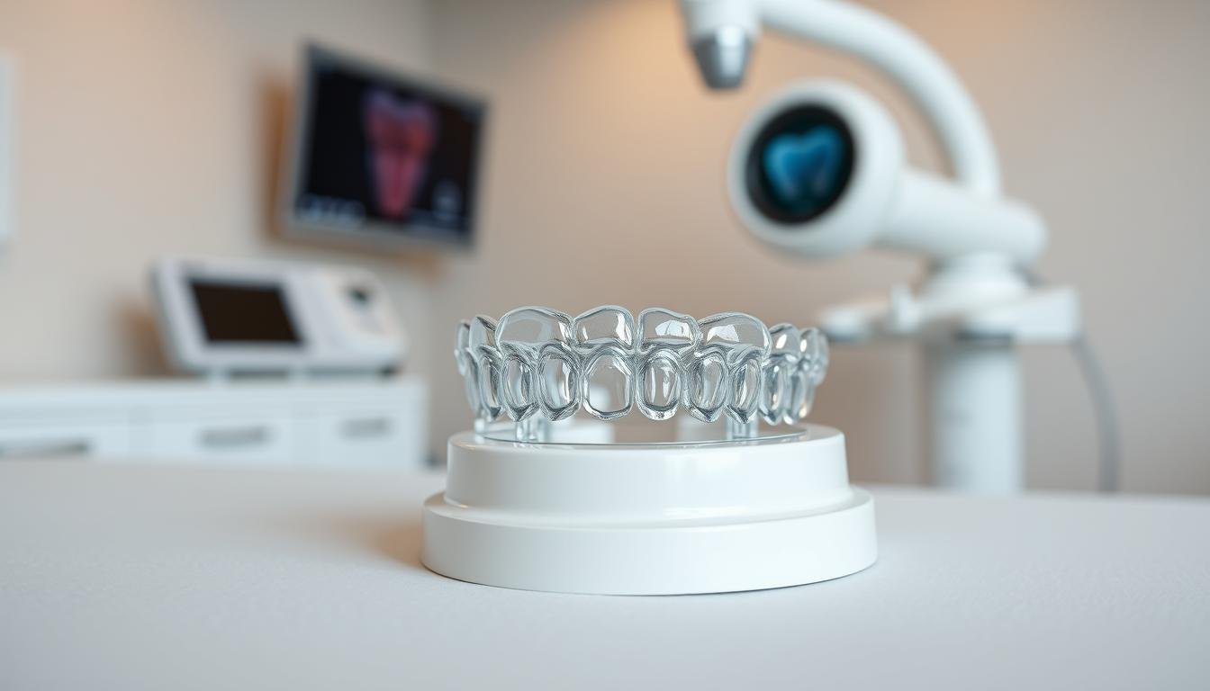 A close-up view of clear Invisalign aligners elegantly displayed on a soft, neutral background. The aligners should be positioned on a sleek white dental model, showcasing their transparency and fitted design. Subtle reflections on the aligners emphasize their smooth surface, while soft diffused lighting creates a clean and clinical atmosphere. In the background, a blurred dental office scene features modern 3D imaging equipment, hinting at advanced technology without distracting from the main subject. The overall mood conveys professionalism and trust, suitable for a healthcare context, ensuring a reassuring tone for potential clients.