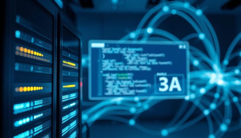 A detailed digital visualization of a server communication protocol interface, highlighting the concept of optimized WebSocket connections for audio synchronization in a live dealer video setting. The foreground features a sleek, modern server rack with glowing LEDs, showcasing active data transfer represented by graphical data streams. In the middle ground, visualize a digital screen displaying code snippets and schematics of the 3A protocol in a clean, user-friendly interface. The background features an abstract representation of network connectivity, illustrated with soft, flowing lines resembling data waves. Use cool blue and green lighting to evoke a professional, tech-savvy atmosphere, with a focus on clarity and precision. The depth of field should emphasize the server and interface details, creating a sense of cutting-edge technology.