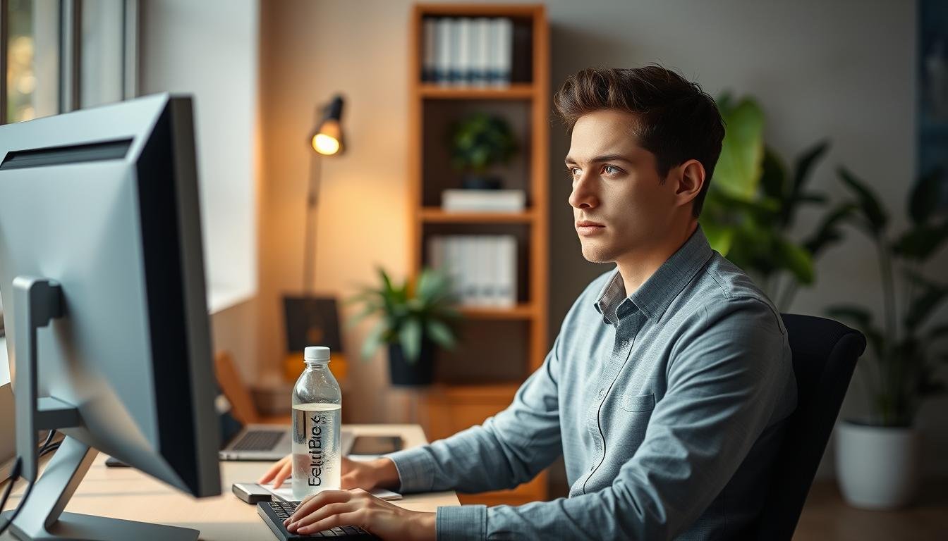 A focused office environment featuring a professional working at a computer, demonstrating correct blinking habits after undergoing SMILE eye surgery. In the foreground, a young adult in smart casual attire, sitting upright, with clear, focused eyes on the screen, exuding concentration and diligence. In the middle ground, a well-organized desk with ergonomic features, a water bottle, and a notepad emphasizing the importance of hydration and note-taking for eye health. In the background, soft ambient lighting casts a warm glow, with a bookshelf and green plants adding a calm, supportive atmosphere. The scene emphasizes a connection to eye health and well-being, highlighting the patient's need to practice healthy blinking habits while engaged in daily work activities.