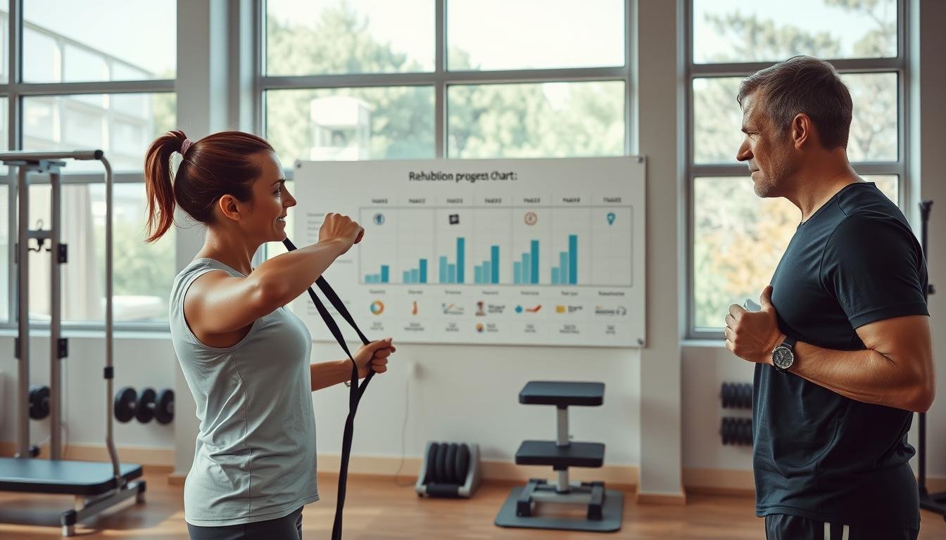 A focused, well-lit scene in a modern rehabilitation center, featuring a physical therapist and an athlete engaging in a rehabilitation session. The foreground shows a therapist demonstrating exercises using resistance bands, both individuals dressed in professional athletic attire, exuding a sense of teamwork and determination. In the middle, a clear rehabilitation progress chart is displayed prominently on the wall, documenting milestone achievements with various graphs and icons, representing physical therapy exercises and timelines. The background features exercise equipment such as weights and balancing tools, with ample natural light streaming through large windows, creating a hopeful and encouraging atmosphere. The angle is slightly elevated, providing an overview of the entire space, while maintaining a warm, positive vibe focused on recovery and progress tracking in post-surgery rehabilitation.