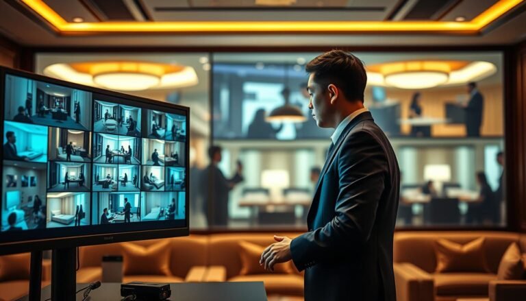 A professional and detailed scene depicting the surveillance monitoring process in a Taipei hotel KTV. In the foreground, a large monitor screens footage from various angles of the KTV rooms, showcasing soft lighting that highlights the modern tech setup. In the middle, a staff member, dressed in professional business attire, is intently reviewing the footage, displaying focus and diligence. Behind them, blurry silhouettes of KTV rooms create an atmosphere of confidentiality and professionalism, with plush furnishings suggesting a luxurious setting. The overall mood conveys urgency and attentive care, emphasized by warm lighting that complements the sophisticated feel of a hotel environment. The image should capture the essence of a systematic and meticulous process without any text or identifying features.