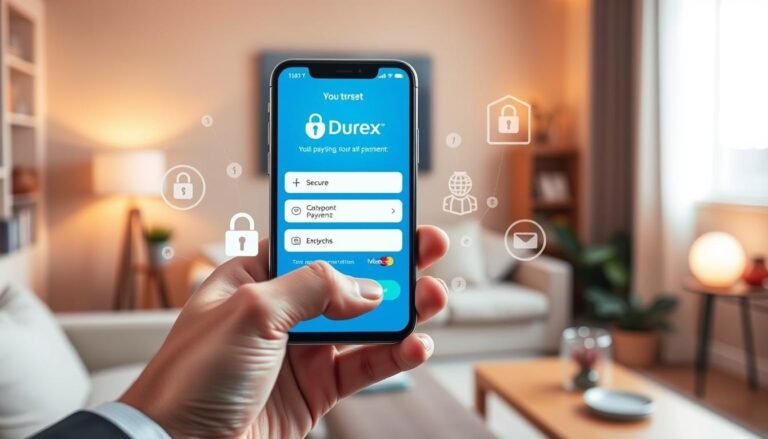 A sleek, modern digital payment interface displayed on a high-resolution smartphone screen, showcasing secure payment options for Durex products. The foreground features the phone held by a hand in a professional business attire, emphasizing trust and reliability. The middle ground includes subtle graphics of encryption symbols and secure payment logos, like SSL and payment gateways, representing online security. In the background, a soft-focus setting illustrates a cozy, inviting home environment, possibly a living room with warm lighting, creating a sense of privacy and comfort. The overall mood conveys security and confidence in online shopping, with an engaging color palette featuring blues and greens to signify safety. The lighting is bright yet soft, enhancing the inviting atmosphere.