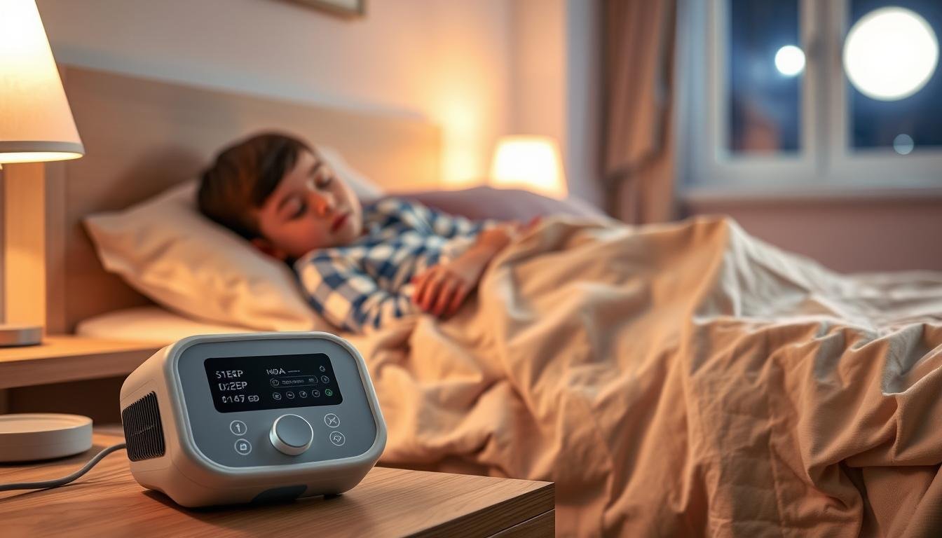 A thoughtfully arranged bedroom scene showcasing a child peacefully sleeping with a sleep apnea machine in use. In the foreground, the sleep apnea machine, featuring a sleek, modern design, is placed on a bedside table, with a soft glow from a lamp illuminating its controls. The middle area captures the child, around six years old, dressed in comfortable pajamas, sleeping soundly under a cozy blanket. The walls are painted in gentle pastel colors, creating a soothing environment. In the background, a window shows nighttime with soft moonlight streaming in, enhancing the serene ambiance. The overall mood is calm and reassuring, reflecting a supportive space for children with sleep disorders. Soft, warm lighting and a slight blur on the edges to focus on the child and the machine complete the composition.