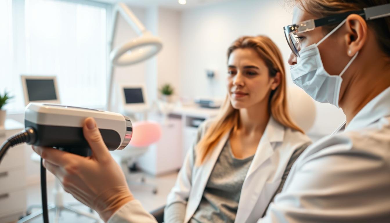 A focused, clinical scene showcasing a laser treatment for skin warts in a modern medical clinic. In the foreground, a professional dermatologist, dressed in a white lab coat and safety goggles, operates a sleek laser device aimed at a patient's skin, which is partially visible, showing mild, irritation-free skin. In the middle ground, the patient, a young adult in a modest, casual outfit, appears relaxed and trusting, with a calm expression while receiving the treatment. In the background, the clinic is bright and well-lit with contemporary medical equipment and soothing decor. The atmosphere is clean, professional, and reassuring, evoking a sense of trust and advanced technology in dermatological care. Use soft, natural lighting to create a warm ambiance, capturing the essence of a safe and effective laser treatment.