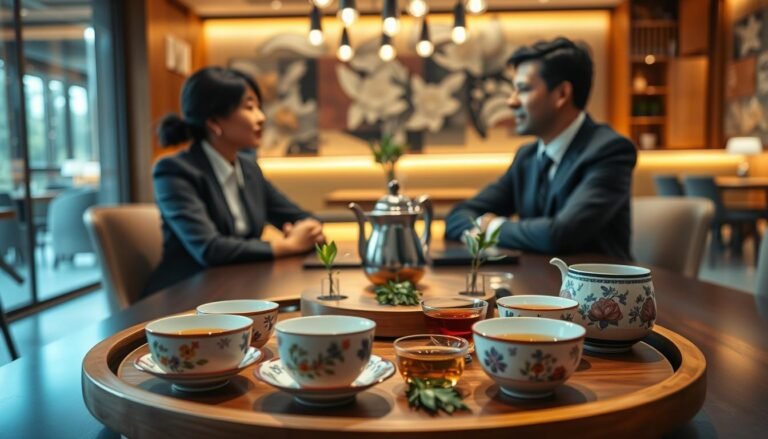 A modern tea service setup showcasing "定點茶" with a blend of traditional and contemporary elements. In the foreground, a beautifully arranged tea tray featuring an assortment of elegant tea cups and specialty teas, with intricate floral patterns. In the middle, a sleek wooden table adorned with a small, stylish teapot, surrounded by fresh herbs and decorative elements that enhance the sensory experience. The background features a softly lit, cozy café environment with warm, ambient lighting, creating an inviting atmosphere. A couple, dressed in professional business attire, sits at the table, engaged in conversation, with expressions of enjoyment and connection. The composition captures a sense of intimacy and modernity, with a cinematic vibe in a 4:3 aspect ratio, emphasizing the contemporary applications of "定點茶" in social settings.