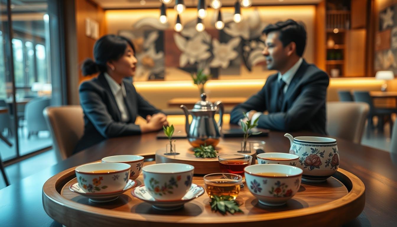 A modern tea service setup showcasing "定點茶" with a blend of traditional and contemporary elements. In the foreground, a beautifully arranged tea tray featuring an assortment of elegant tea cups and specialty teas, with intricate floral patterns. In the middle, a sleek wooden table adorned with a small, stylish teapot, surrounded by fresh herbs and decorative elements that enhance the sensory experience. The background features a softly lit, cozy café environment with warm, ambient lighting, creating an inviting atmosphere. A couple, dressed in professional business attire, sits at the table, engaged in conversation, with expressions of enjoyment and connection. The composition captures a sense of intimacy and modernity, with a cinematic vibe in a 4:3 aspect ratio, emphasizing the contemporary applications of "定點茶" in social settings.