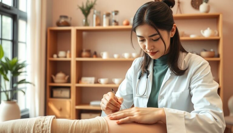 A serene and inviting traditional Chinese medicine clinic setting, focusing on a female practitioner dressed in professional attire, attentively demonstrating acupuncture techniques on a patient experiencing menstrual discomfort. The foreground features the practitioner inserting fine needles into key acupuncture points on the patient’s lower abdomen, highlighting a gentle and soothing approach. In the middle ground, shelves filled with herbal remedies and teacups contribute to a calm atmosphere. The background shows soothing colors and soft lighting, creating a warm and harmonious environment. Natural light filters through a window, enhancing the tranquil mood. The overall scene emphasizes the supportive and healing role of traditional Chinese medicine in alleviating menstrual pain, aiming to evoke a sense of relief and comfort.