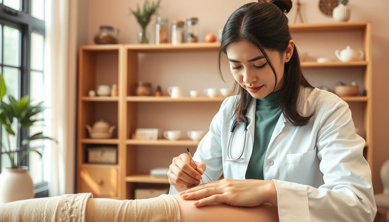 A serene and inviting traditional Chinese medicine clinic setting, focusing on a female practitioner dressed in professional attire, attentively demonstrating acupuncture techniques on a patient experiencing menstrual discomfort. The foreground features the practitioner inserting fine needles into key acupuncture points on the patient’s lower abdomen, highlighting a gentle and soothing approach. In the middle ground, shelves filled with herbal remedies and teacups contribute to a calm atmosphere. The background shows soothing colors and soft lighting, creating a warm and harmonious environment. Natural light filters through a window, enhancing the tranquil mood. The overall scene emphasizes the supportive and healing role of traditional Chinese medicine in alleviating menstrual pain, aiming to evoke a sense of relief and comfort.