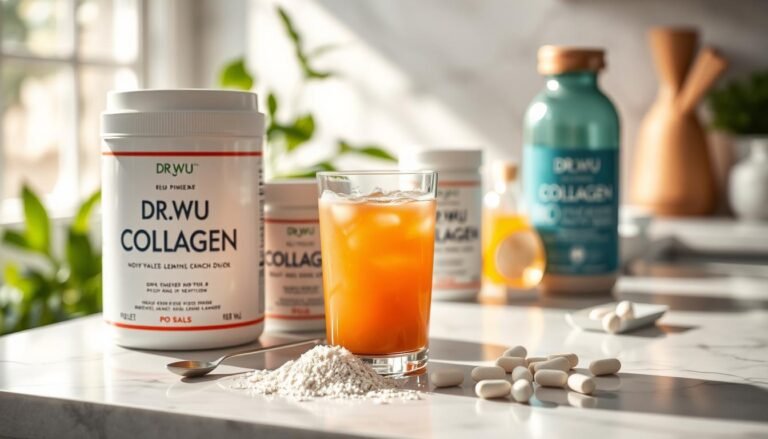 A visually striking display of DR.WU collagen products on a marble countertop, featuring an elegant arrangement of containers showcasing different forms: powder, liquid, and tablets. In the foreground, a sleek, modern glass filled with a vibrant collagen drink, accompanied by a scoop of powder and a few scattered tablets. Soft natural lighting illuminates the scene, highlighting the organic textures of the ingredients. In the background, a blurred assortment of greenery and soft-focus wellness items to create a calming atmosphere. The overall mood is health-oriented and inviting, perfect for enticing readers to explore their collagen product choices. The image should be captured with a professional lens, focusing tightly on the products while maintaining a dreamy bokeh effect.