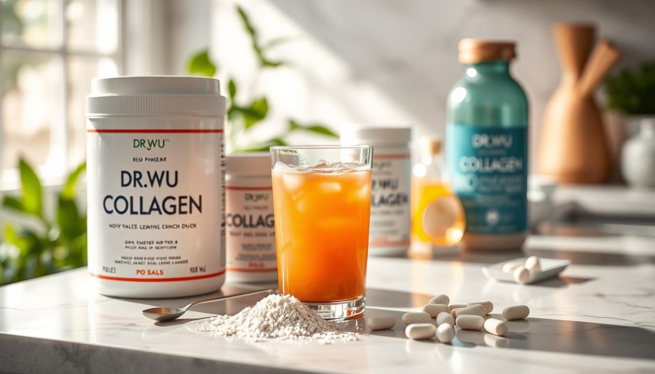 A visually striking display of DR.WU collagen products on a marble countertop, featuring an elegant arrangement of containers showcasing different forms: powder, liquid, and tablets. In the foreground, a sleek, modern glass filled with a vibrant collagen drink, accompanied by a scoop of powder and a few scattered tablets. Soft natural lighting illuminates the scene, highlighting the organic textures of the ingredients. In the background, a blurred assortment of greenery and soft-focus wellness items to create a calming atmosphere. The overall mood is health-oriented and inviting, perfect for enticing readers to explore their collagen product choices. The image should be captured with a professional lens, focusing tightly on the products while maintaining a dreamy bokeh effect.