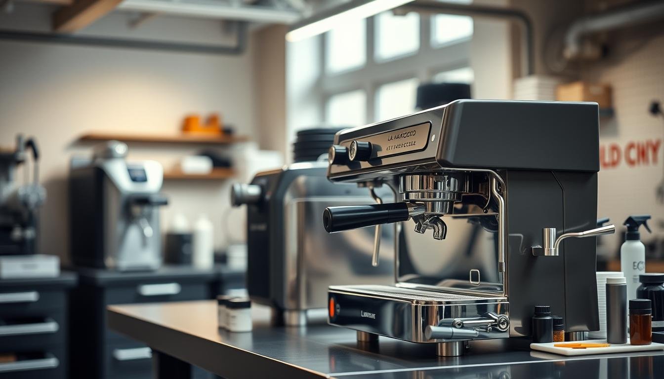 A well-maintained La Marzocco espresso machine in a sleek workshop setting, showcasing detailed care and maintenance tips. In the foreground, the machine gleams, highlighting its polished chrome finish and iconic design. The middle ground features an array of tools and cleaning supplies, such as brushes and descaling solutions, neatly organized on a workbench. In the background, soft ambient lighting streams through a window, illuminating the workshop with a warm glow, creating a professional yet inviting atmosphere. The image should evoke a sense of care and expertise, inspiring confidence in potential buyers about the maintenance of La Marzocco machines. The scene should be captured with a shallow depth of field, focusing predominantly on the espresso machine while softly blurring the background elements.
