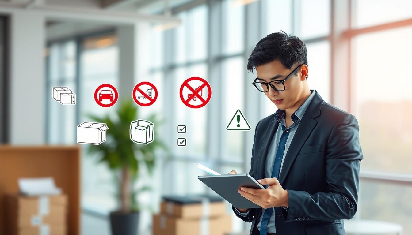 A detailed illustration depicting the limitations and considerations of using a US purchasing service, focusing on "Smilelong". In the foreground, feature a business professional in smart casual attire, analyzing a checklist on a digital tablet, looking focused and thoughtful. In the middle ground, display various icons representing restrictions, such as a shipping box, a crossed-out prohibited item, and a caution sign. The background should include a modern office setting with soft, natural lighting coming from large windows, creating a clear and engaging atmosphere. Use a shallow depth of field to emphasize the checklist and professional, while subtly blurring the office environment. The overall mood is informative and serious, indicating professionalism in navigating purchasing guidelines.