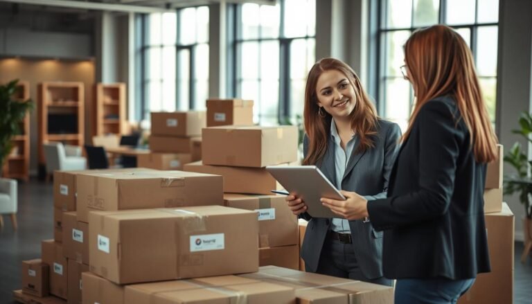 A professional setting showcasing the concept of "US buying and forwarding recommendations" with a focus on advantages. In the foreground, a friendly professional woman in business attire is discussing logistics with a client reviewing electronic products on a sleek laptop combined with furniture samples. In the middle ground, there are neatly arranged cardboard boxes labeled for shipping, conveying a sense of organized handling. The background features an office space with large windows allowing natural light to pour in, creating a warm atmosphere. The lighting is soft and inviting, enhancing the professionalism of the scene. The angle is slightly elevated, capturing the interaction while showing the products being discussed. The overall mood is informative and reassuring, highlighting trust and expertise in forwarding services.