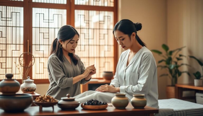 A serene and professional setting depicting a traditional Chinese medicine clinic specializing in gynecology. In the foreground, a practitioner, a woman in modest casual attire, is gently demonstrating acupuncture techniques on a female patient, who is wearing a comfortable, loose-fitting garment. The middle ground features herbal remedies and traditional medicine tools like dried herbs and tea pots, symbolizing holistic healing approaches. In the background, soft natural light filters through bamboo window panels, creating a calming atmosphere. The overall color palette is warm, incorporating earthy tones and soft greens, enhancing the sense of tranquility and healing associated with gynecological therapy in traditional Chinese medicine. The scene captures the essence of care and professionalism in women's health.