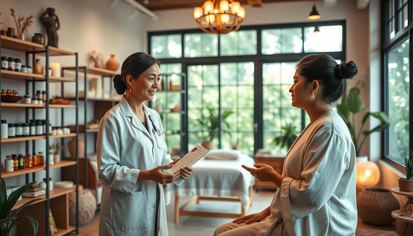 A serene and inviting interior of a traditional Chinese medicine clinic, featuring an experienced female practitioner dressed in professional attire, engaging with her patient. In the foreground, the practitioner gently explains a personalized acupuncture and herbal treatment plan, surrounded by acupuncture needles, herbal remedies, and tranquil decor. The middle ground includes a comfortable treatment table and shelves filled with natural herbal products, creating a calming atmosphere. Soft, warm lighting enhances the inviting vibe, while large windows in the background let natural light pour in, illuminating the space with a gentle glow. The overall mood is holistic and nurturing, reflecting a safe and supportive environment for women seeking wellness.