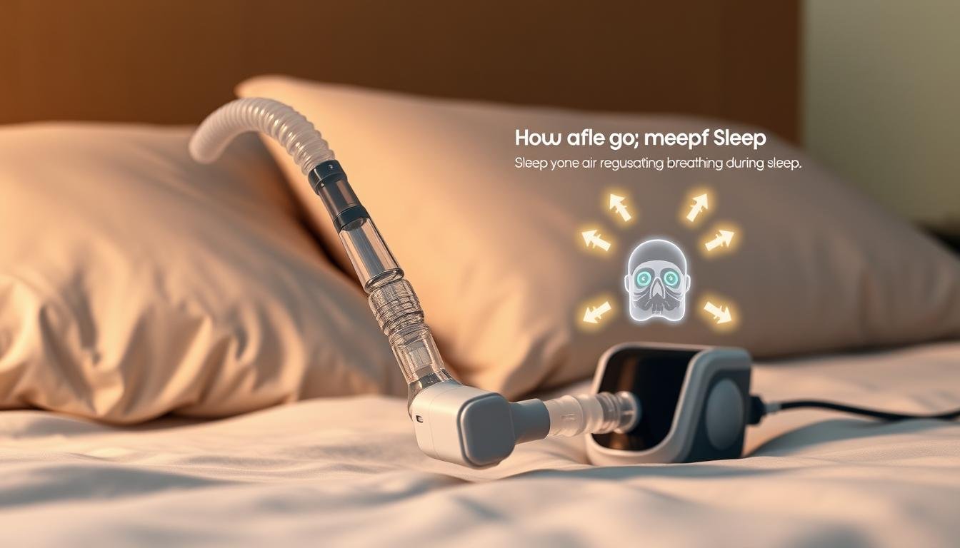 A detailed illustration of a sleep apnea machine, focusing on its fundamental components and principles. The foreground features a sleek, modern device with a mask attached, showcasing the airflow system. In the middle ground, a simple infographic displays the air pressure mechanics, illustrating how the machine regulates breathing during sleep, highlighted with glowing arrows. The background should be softly lit, evoking a calm sleep environment, with a cozy bedroom setting, featuring soft pillows and dim lighting. Use a high-angle perspective to emphasize the device and its technology while creating a tranquil atmosphere. The image should be realistic and visually engaging, capturing the essence of sleep therapy without any text or distractions.