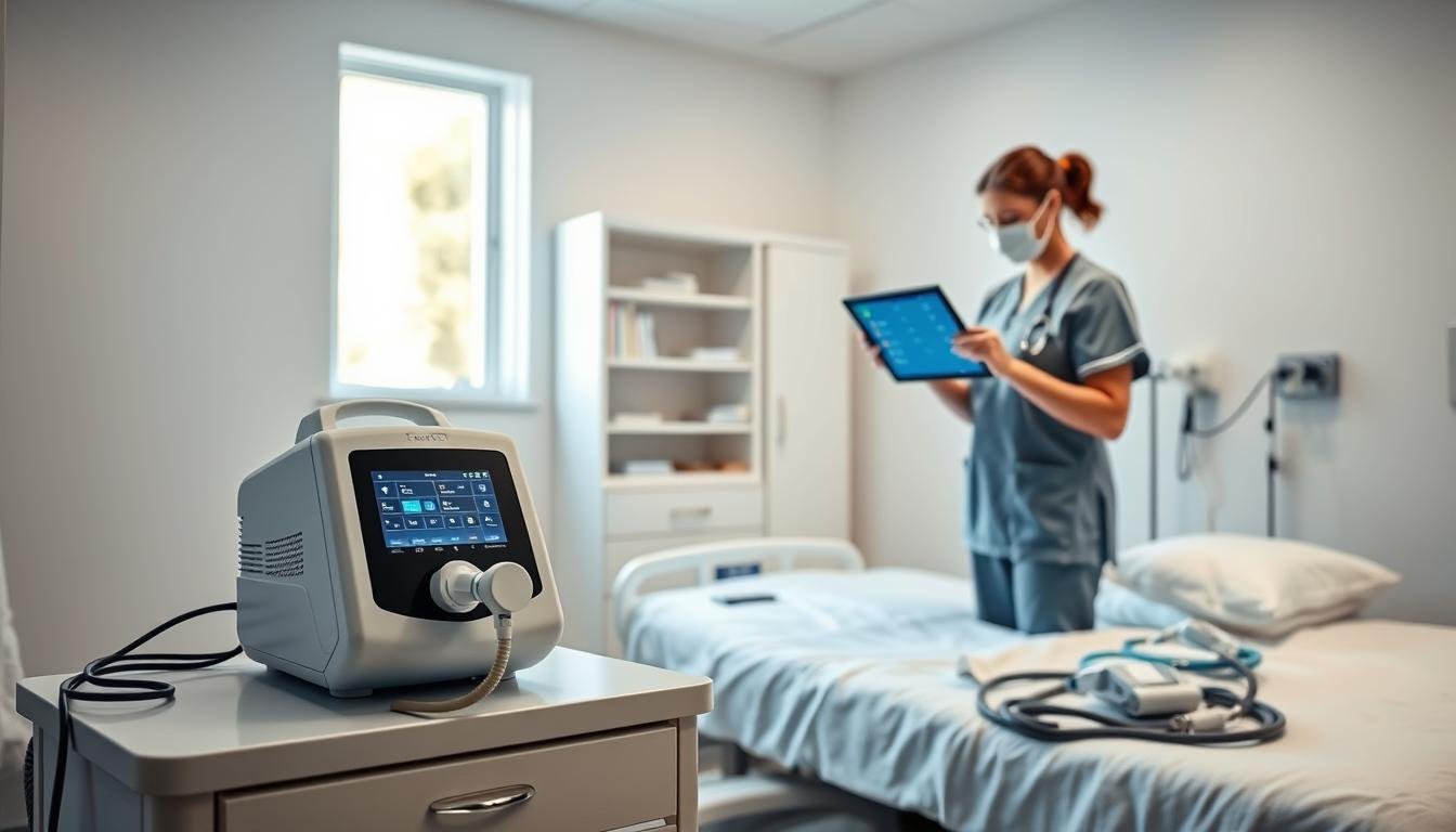 A well-equipped medical room showcasing a modern CPAP machine prominently on a bedside table, with a calming blue light illuminating the space. In the foreground, a nurse in professional attire is adjusting the CPAP settings on a digital screen, demonstrating careful preparation for a sleep examination. The middle ground features a comfortable patient bed with medical accessories neatly arranged, surrounded by stark white walls and shelves stocked with medical literature. In the background, soft natural light filters through a window, creating a serene and safe atmosphere. The overall mood is one of professionalism, safety, and readiness for effective pre-surgical preparation for sleep apnea treatment, emphasizing the importance of CPAP technology.